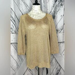 One 7 Six Gold Metallic Knit Crewneck Sweater 3/4 Sleeves Sz. M
